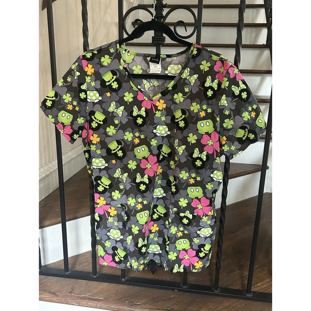 Ladies Size Large Scrubstar Disney "Lucky Mickey" V-Neck Top St. Patricks Day